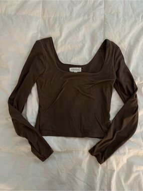 Pink Rose Brown Scoop Neck Long Sleeve Crop Top